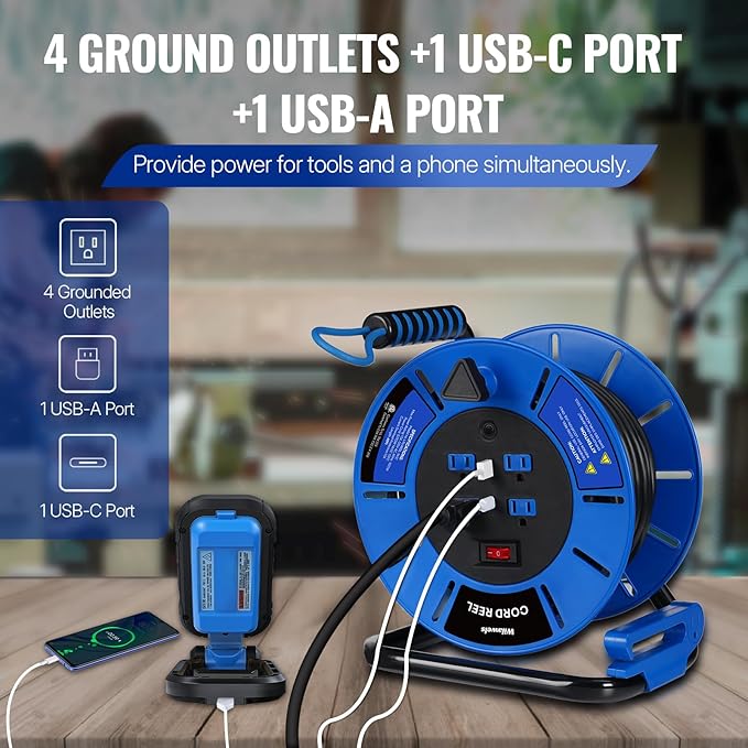 60 FT Retractable Extension Cord Reel, 14AWG Heavy Duty Power Cord with 4 Grounded Outlets, USB-A & USB-C Ports, 13A 1625W, Portable Hand Crank for Indoor Outdoor Use, ETL Listed U60ACR06