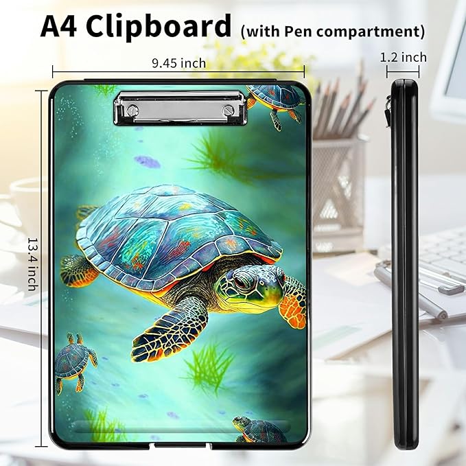 A4 Clipboards,Heavy Duty Waterproof Nursing Plastic Folder Clipboard with Storage Clip Boards,File Folder Storage Box Clipboard Case for Teacher,Doctor,Offices,Sea Turtles