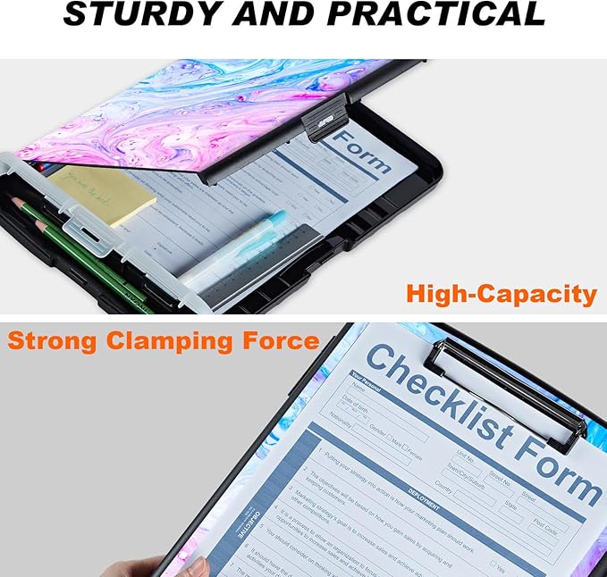 Side Opening Personalized Clipboard with Storage in Blue with Pen Holder and 2 Storage Options. Heavy Duty and Marble Enclosed.