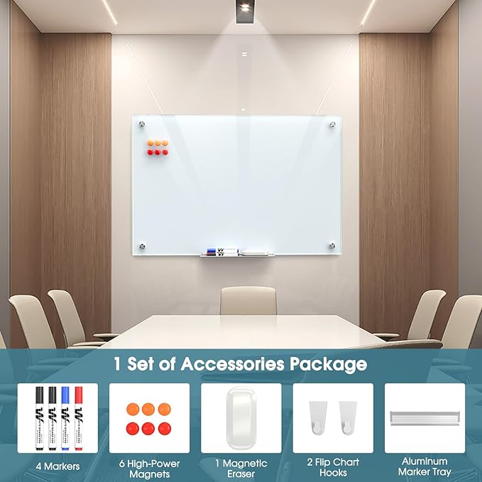MaxGear Glass Whiteboard 36x24 Inches Wall Mounted, Magnetic White Board with 1 Eraser, 1 Accessory Tray, 4 Markers and 6 Magnets, Large Frameless Dry Erase Board for Office, School, Home