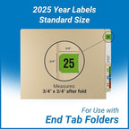 2025 Year Stickers, Doctor Stuff 2025 Chart Stickers, Fluorescent Green Color Coded, USA Made Year Labels for End Tab File Folders, 500 Labels/Roll in a Dispenser Box, 3/4" x 1-1/2"
