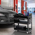 3 Tier Tool Cart on Wheels with Drawers - Three Tier Rolling Cart with Lockable Storage - Mechanic Tool Chest - Tool Chest with Wheels Used in Garage, Indoors, Workshop (Black)