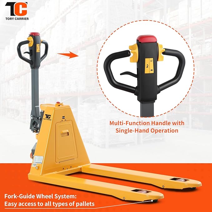Tory Carrier Electric Pallet Jack Truck, 3300lbs Capacity Motorized Pallet Lift Trucks, 48" x 27" Fork Size Powered Lithium Battery Truck for Indoor Storage and Material Handling for Warehouse Yellow