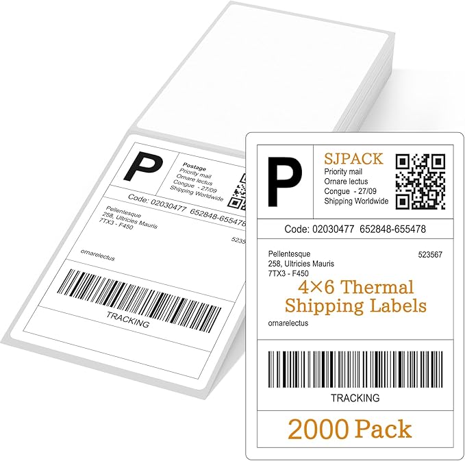 SJPACK 4" x 6" Thermal Labels, 2000 Fanfold Labels, Direct Thermal Shipping Label Compatible with Nelko, Rollo, Zebra, Brother, Orgbro, Munbyn, Jadens Shipping Label Printer, Commercial Grade