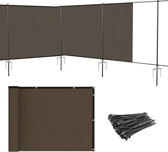 Patio 5' x 84' Outdoor Privacy Screen Freestanding Temporary Fence Panels Net Cover with Metal Poles for Outside Backyard Pool Garden Air Conditioner Fencing, Brown