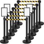Therwen 12 Pcs Stanchions with 8.2 ft Retractable Belt Black Yellow Crowd Control Stanchions Set and Stanchion Post Sign Easy to Assemble Line Dividers Queue Ropes for Theaters, Weddings, Exhibitions