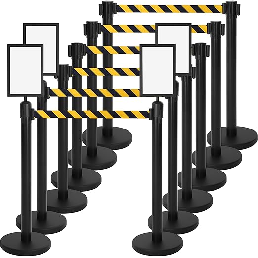Therwen 12 Pcs Stanchions with 8.2 ft Retractable Belt Black Yellow Crowd Control Stanchions Set and Stanchion Post Sign Easy to Assemble Line Dividers Queue Ropes for Theaters, Weddings, Exhibitions