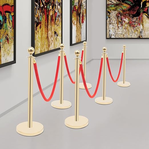 8 Pcs Stanchions with Red Velvet Ropes Set, 4 Red Velvet Ropes and 8 Stainless Steel Posts with Base, Runner Poles for Red Carpet Party Decoration Crowd Control Barriers (Golden)