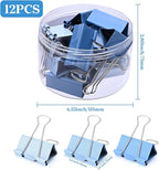 Temiary Aesthetic Binder Clips, 12 Pcs 2 Inches Small Metal Binder Clip with Clear Storage Container, Binding Paperwork Clamps for School Teachers Office Supplies (Blue)