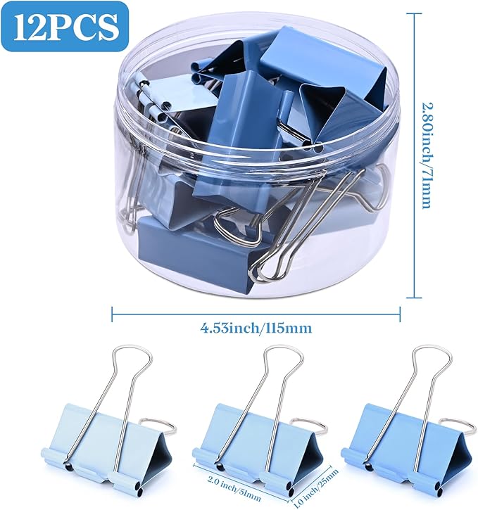 Temiary Aesthetic Binder Clips, 12 Pcs 2 Inches Small Metal Binder Clip with Clear Storage Container, Binding Paperwork Clamps for School Teachers Office Supplies (Blue)