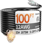 100 ft 12 Gauge Heavy Duty 3 Outlet Extension Cord Splitter with Indicator, Waterproof Outdoor Extension Cord with Multiple Outlets, 15A 1875W for Home & Workshop, ETL Listed, Black SJTW