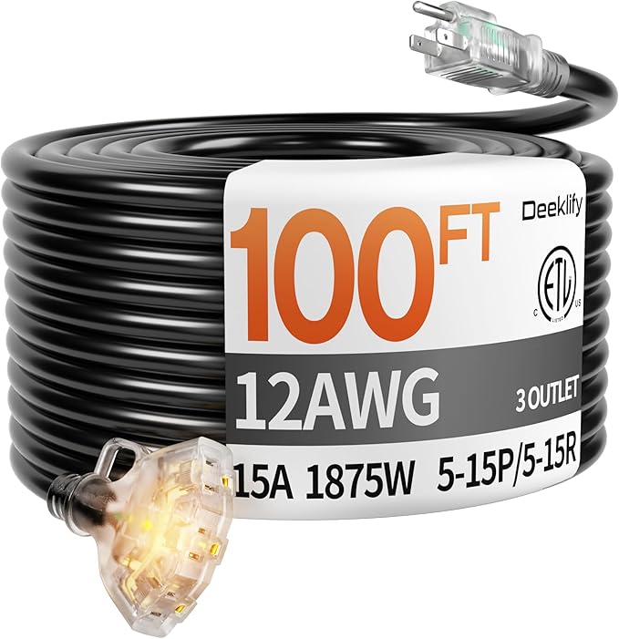 100 ft 12 Gauge Heavy Duty 3 Outlet Extension Cord Splitter with Indicator, Waterproof Outdoor Extension Cord with Multiple Outlets, 15A 1875W for Home & Workshop, ETL Listed, Black SJTW