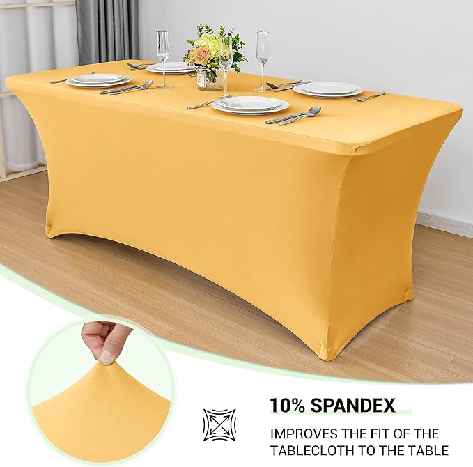 Obstal 6 Pack Spandex Stretch Table Covers for 6 Foot Tables - 6 FT Rectangular Fitted Tablecloth Protector for Wedding, Banquet, Party (Gold, 72'' Length x 30'' Width x 30'' Height)