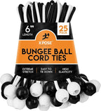 Xpose Safety Bungee Ball Cords 6" 25 Pack Heavy Duty Assorted Colors Black and White Stretch Rope with Ball Ties for Canopies, Tarps, Walls, Cable Organization