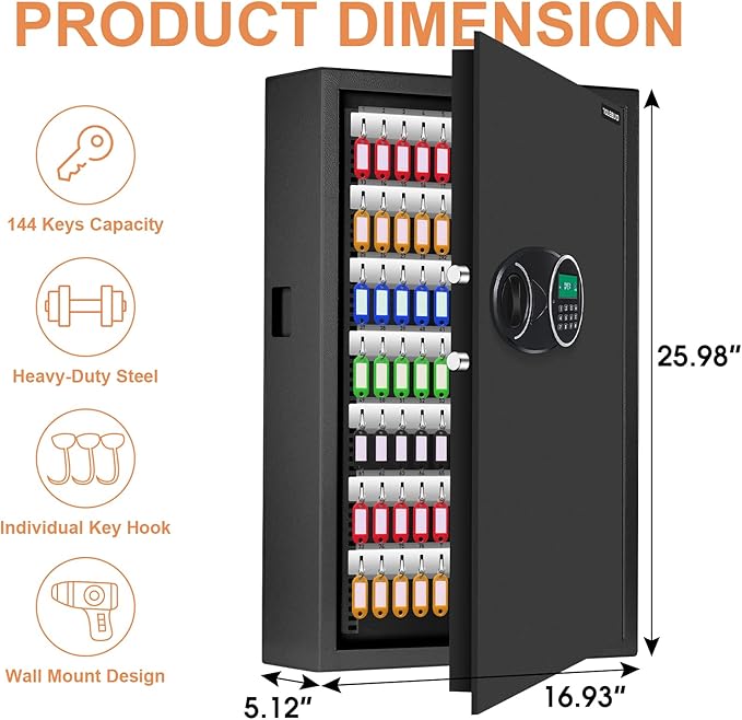 144 Position Key Lock Box Wall Mount with Combination Lock, Digital Key Cabinet Wall Mount, Adjustable Key Safe for Car, Hotels, Office, House