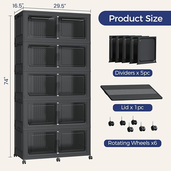 200Gal Stackable Storage Bins with Lid, 800Qt Extra Large Collapsible Storage Box with Wheels, Dividers, Folding Plastic Cabinet Closet Organizers for Home Kitchen Office Dorm, 5Pack Black