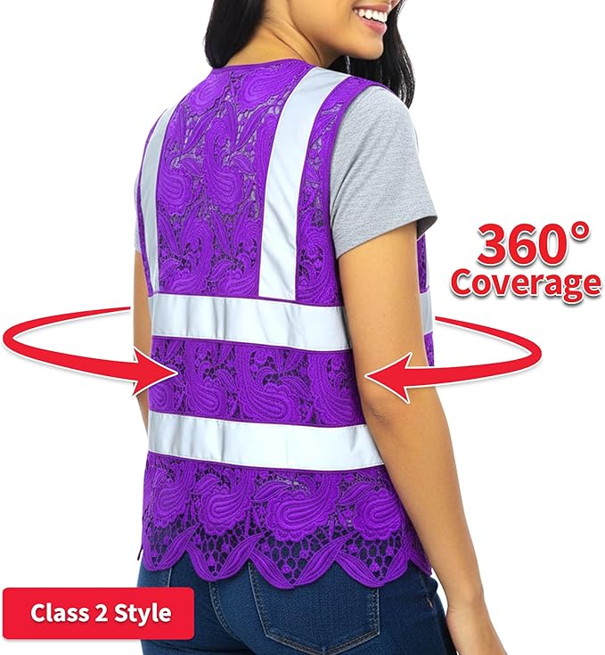 Lace-Mesh Safety Vest for Women & Men - Breathable, High Visibility Vest with Zipper & ANSI Class 2 Reflective Strips