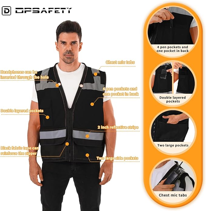 Reflective Safety Vest - Heavy Duty, ANSI/ISEA Standard Hi Vis Vest with Back Pocket & Zipper, Men & Women's (Black, 3XL)
