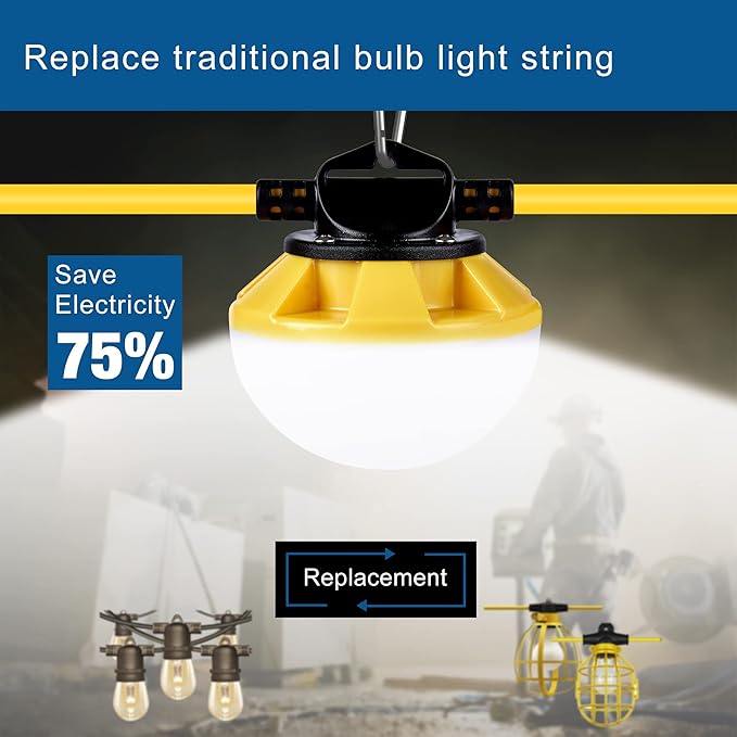 50FT Construction String Lights, IP65 Waterproof ETL Certified LED String Work Lights, 5000K Daylight 18AWG Wire Linkable Temporary Construction Lighting for Jobsite with 5 Bulbs & Hooks