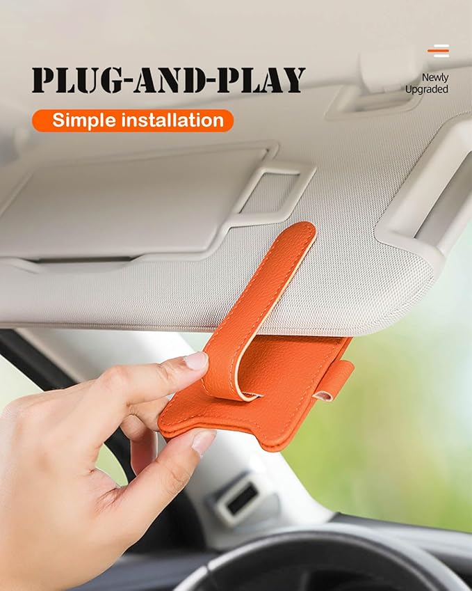 Sunglasses Holder for Car Visor, Magnetic Leather Glasses Eyeglass Clip, With Ticket and Pen Clip (Grey)