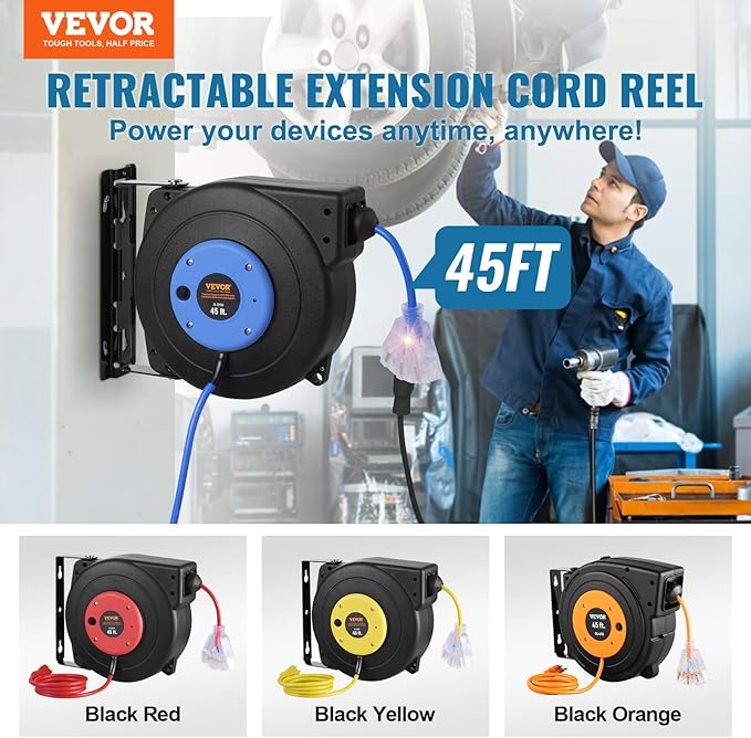 VEVOR Retractable Extension Cord Reel, 45 FT, Heavy Duty 12AWG/3C SJTOW Extension Power Cord with Lighted Triple Tap Outlet, 15A Circuit Breaker 180° Swivel Bracket for Ceiling or Wall Mount, Blue