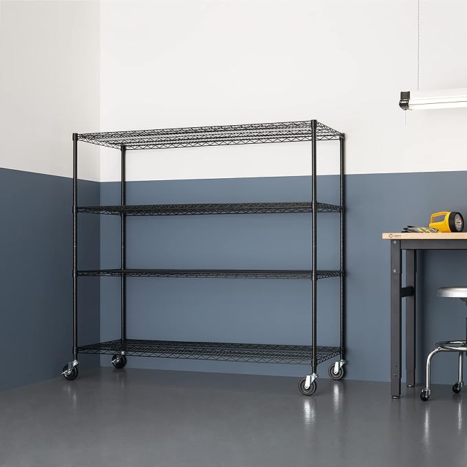 Trinity Basics 4-Tier Adjustable Wire Shelving with Wheels for Kitchen Organization, Garage Storage, Laundry Room, NSF Certified, 600 to 1800 Pound Capacity, 60” by 24” by 54”, Black