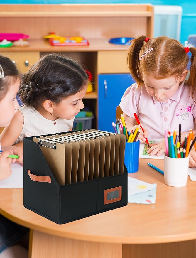 Qozary Clipboard Holder for Classroom-2 Pack Foldable Clip Board Storage Organizer Basket with Handle for Easy Carrying, Classroom Office Desk Organizer Bin, Clipboards Not Included