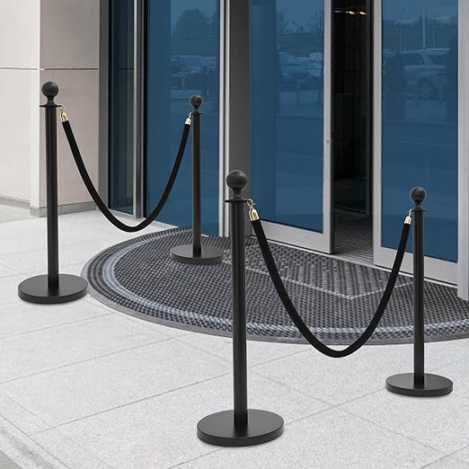 Crowd Control Stanchion Set, 4 Packs Stanchion Set with 4.92 ft/1.5 m Black Retractable Belt and 2 Ropes, Black Crowd Control Barrier for Theaters, Parties, Wedding, Exhibition