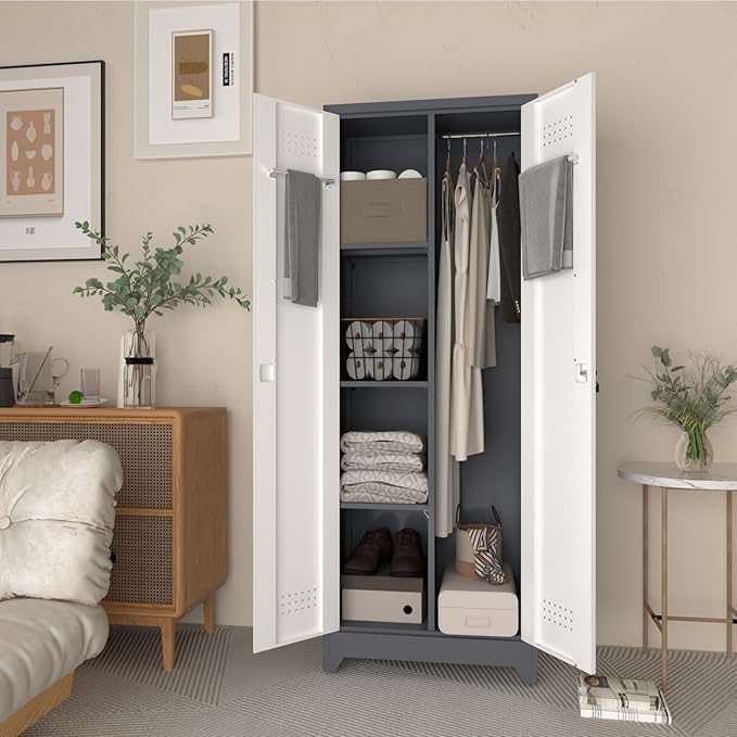 LUCYPAL Metal Garage Storage Cabinet,Broom Closet Storage Cabinet with Locking Doors and Shelves,Cleaning Tool Cabinets with Hanging Rods for Kitchen,Garage,White&Grey 65" H