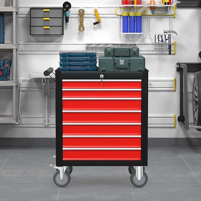 7 Drawers Rolling Tool Chest with Wheels, Metal Tool Box with Drawers, Large Capacity Tool Storage Cabinet with Keyed Locking, Tool Organizer Box for Garage, Workshop, Warehouse, Black Red