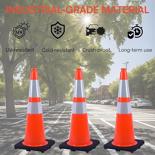 28 inch Traffic Safety Cones Orange Road Cones, Construction Cone with Rubber Base & Reflective Collars, Restorable Parking Cones, Heavy Duty Road Cones for Traffic Control & Road Safty(8 Pack）