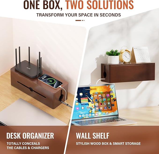 Cinati Large Cable Management Box, 15.8" Wooden Cable Organizer for Floor Wires Storage, Wall Mount Cord Hider Box for Electrical Cord Management, Power Strip Wire Organization for Desktop Home Office
