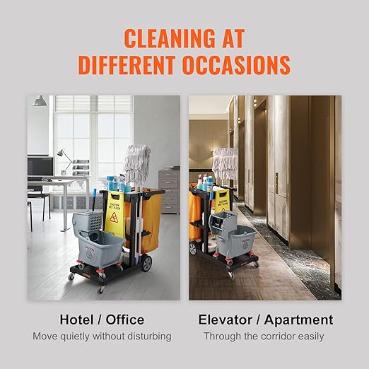 VEVOR Cleaning Cart, 3-Shelf Commercial Janitorial Cart, 200 lbs Capacity Plastic Housekeeping Cart, with 25 Gallon PVC Bag, 47 x 20 x 38.6in, Yellow & Black