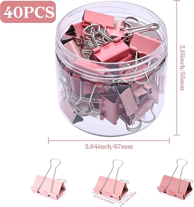Temiary Aesthetic Binder Clips, 40 Pcs 0.75 Inches Small Metal Binder Clip with Clear Storage Container, Binding Paperwork Clamps for School Teachers Office Supplies (Pink)