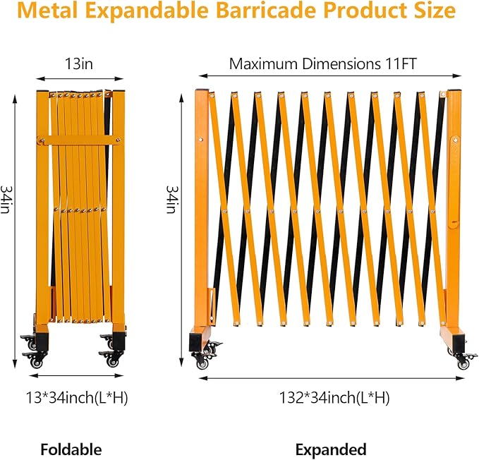 11FT Industrial Expandable Barricade Folding Security Gate with Wheels,Retractable Driveway Gate with Aluminum Fence(Yellow, 11FT)