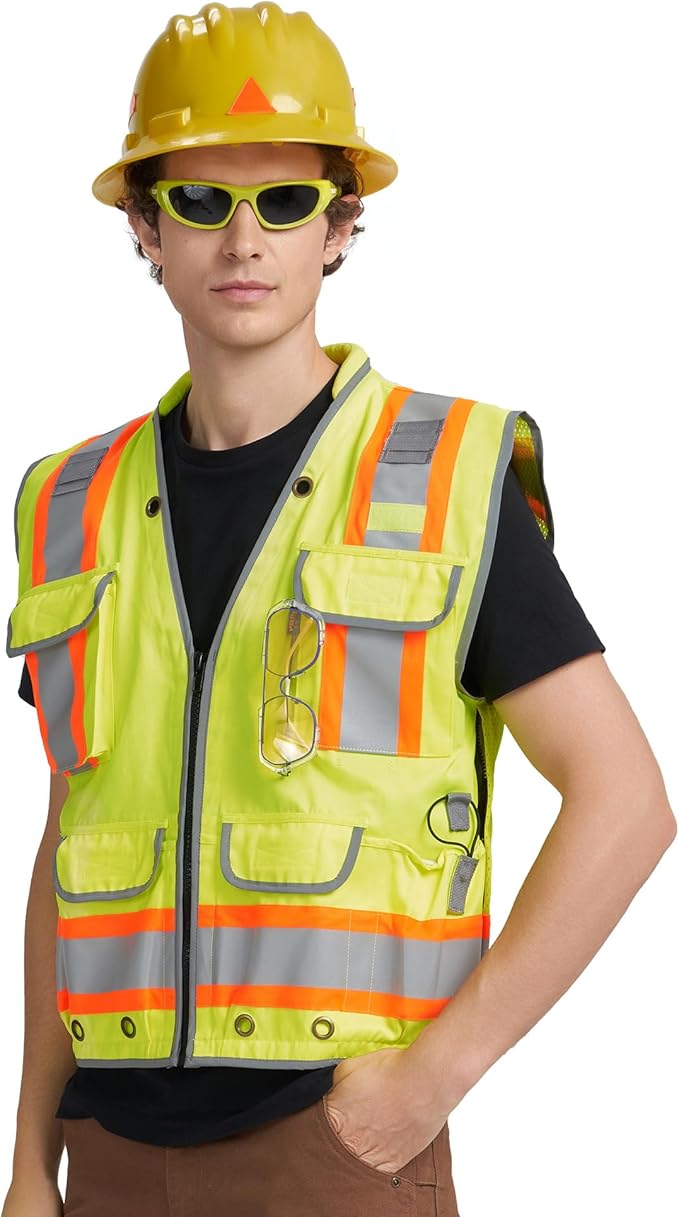 AYKRM Heavy Woven cotton High Vis Reflective work construction safety vest for men Class 2 with ipad Cargo Pockets