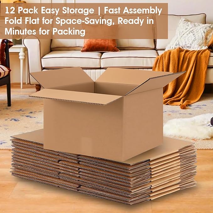 Double Wall Corrugated Cardboard Boxes for Moving(12 Pack), 20" x 15" x 20" Heavy Duty Large Packing Boxes Durable for Packing,Business,Storage (Large-No Handle)