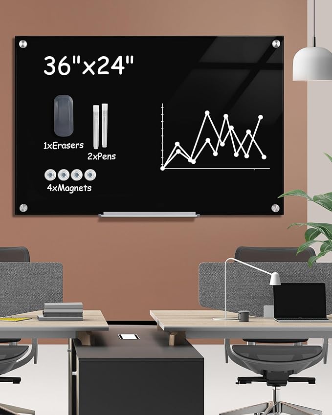 Mifuro Magnetic Glass Whiteboard，36"x24" Wall Mounted Frameless Dry Erase Board for Office, Home & School Black