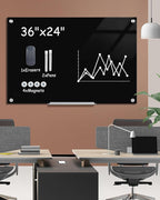 Mifuro Magnetic Glass Whiteboard，36"x24" Wall Mounted Frameless Dry Erase Board for Office, Home & School Black