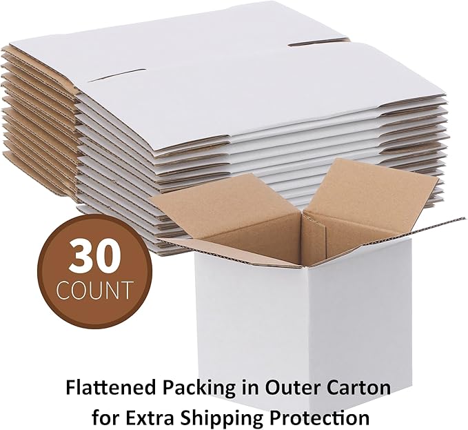 FARRAY Shipping Boxes 4x4x4 inches (Inner Size), 30 Pack Sturdy Kraft Corrugated Small Cardboard Boxes for Mailing Packing, White