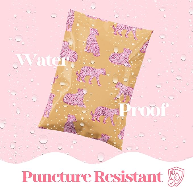 10x13 Designer Poly Mailer 100 Pack Heavy Duty Waterproof Self Seal Shipping Bags for Small Business Large Mailing Envelopes Bulk Tear Resistant Packaging Pink Orange Leopard