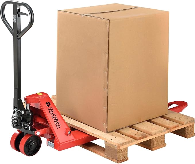 Global Industrial Standard Duty Narrow Pallet Jack with 21" W x 48" L Forks, 5500 lb. Capacity, Manual Pallet Truck for Warehouse, Manufacturing and Retail, Red Powder Coat Finish