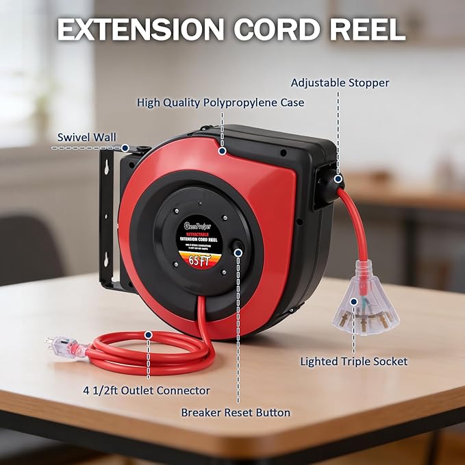 65Ft Heavy Duty Cord Reel, Retractable Extension Cord, 12AWG/3C SJTOW, Lighted Triple Tap Outlets 15A Circuit Breaker, Wall/Ceiling Mounted, Adjustable Stopper UL Listed Red