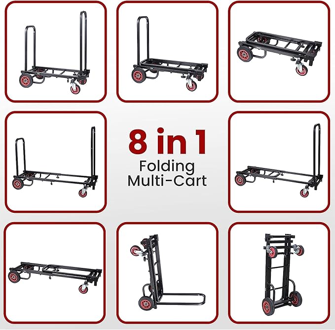 Pyle Compact Folding Adjustable Equipment Cart - Heavy Duty 8-in-1 Convertible Cart Hand Truck/Dolly/Platform Cart with R-Trac Wheels - Expandable Up to 25.24" to 40.24" - Pyle PKEQ38