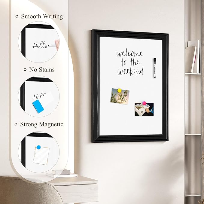 4 THOUGHT Dry Erase Board, 18 x 24 in Magnetic Whiteboard Black Vintage Wood Frame Wall-Mounted White Board Decorative Notice Board for School, Office, Home, Kitchen with 8 Magnets 4 Markers 1 Eraser