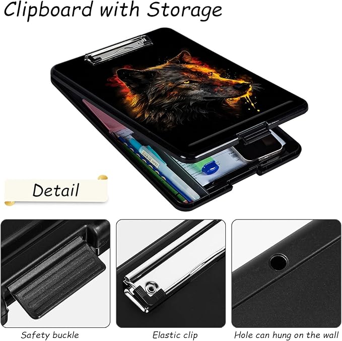 Clipboard with Storage, High Capacity Plastic Storage Clipboard with Pen Holder for Women Teachers Work, School & Office Supplies, Cute Pattern Decorative Clipboards, Wolf