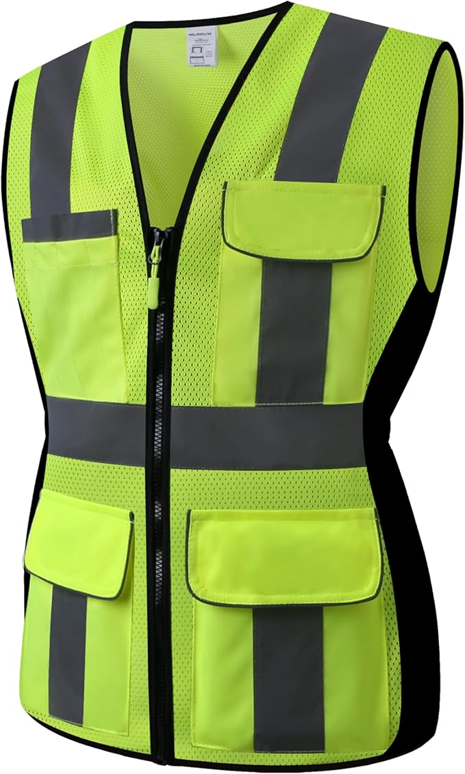 Safety Vest for women, Hi vis Reflective Lady Work vest With 9 Multi Pocket And Zipper