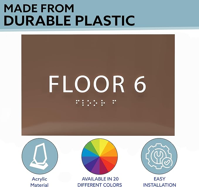 6" X4" Floor 6 Sign - ADA Compliant Tactile Graphics Grade 2 Braille Text | Wall Mount Plastic Directional Assistance, Floor Number Sign for Office, Schools, Hospitals, Apartments