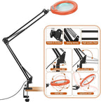 VEEMAGNI 12X 5 Inch Large Real Glass Magnifying Glass with Light and Stand, 5 Color Modes Stepless Dimmable, 2*16 Inch Swivel Arm LED Clamp Desk Lamp, Hands Free Lighted Magnifier for Crafting-Orange