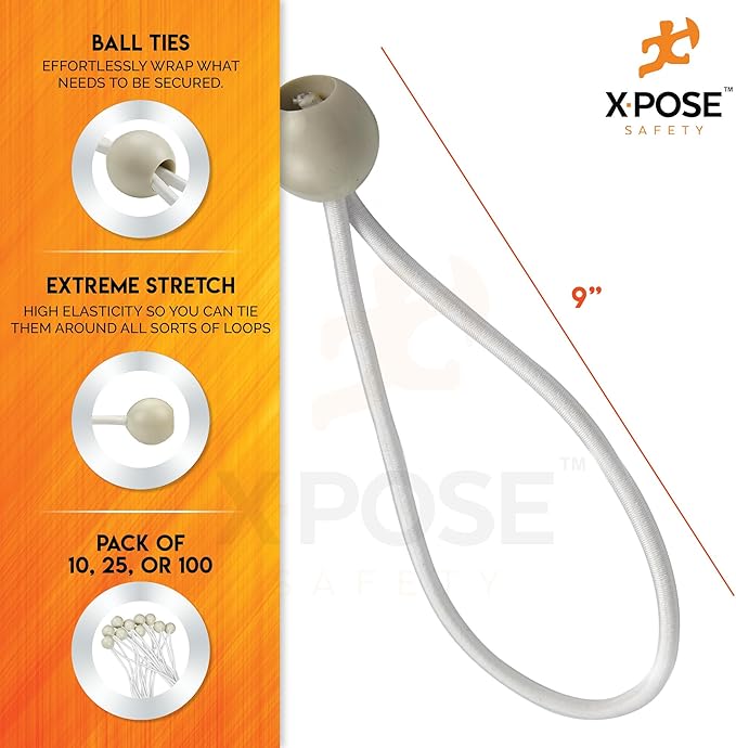 Xpose Safety Bungee Ball Cords 9" 25 Pack Heavy Duty White Stretch Rope with Ball Ties for Canopies, Tarps, Walls, Cable Organization